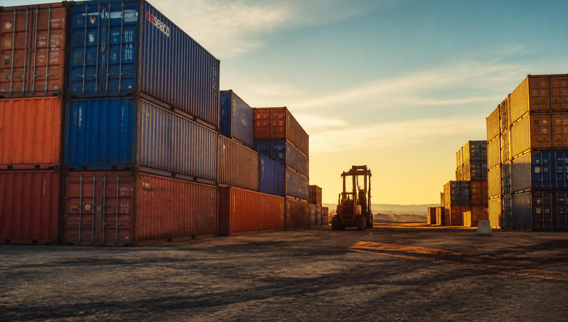 Shipping container yard at sunset
